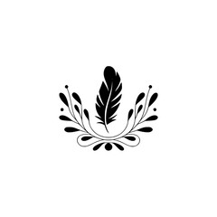 Elegant Black Feather & Floral Design on White Background