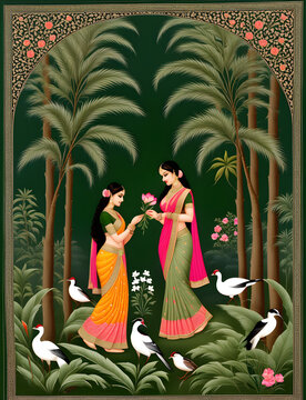 girl with flowers, traditional Indian art style painting, folk art, floral background with flowers
