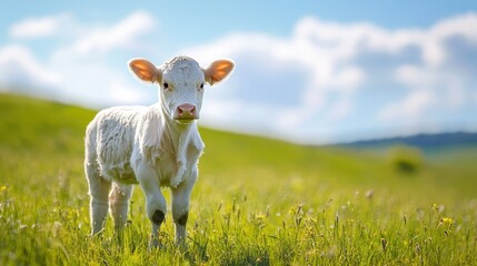 A Young Calf in the Meadow: A close-up shot of a cute young calf in a verdant meadow, bathed in natural light under a bright blue sky