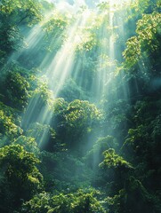 A sunlit forest scene with beams of light filtering through lush green trees, creating a serene and tranquil atmosphere.