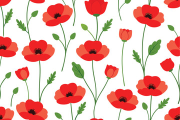 Obraz premium Red Poppy Flowers Seamless Pattern on White Background, Floral Flat Design