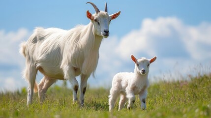 Obraz premium Serene Goat and Kid: A mother goat and her kid stand gracefully on a sun-drenched grassy hill. This image of harmony and the beauty of rural life captured in stunning detail.