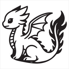 Obraz premium Baby Dragon Line Art in Sitting Pose, simple black an white baby dragon vector silhouette isolated on a white background
