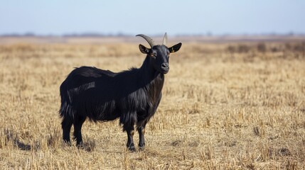 Obraz premium Black Goat in Rustic Landscape: A robust black goat stands proudly in a vast, rustic landscape with dry grass and clear skies, showcasing its resilient nature.