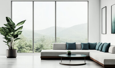 Fototapeta premium Modern living room with large windows showcasing mountain views and minimal decor