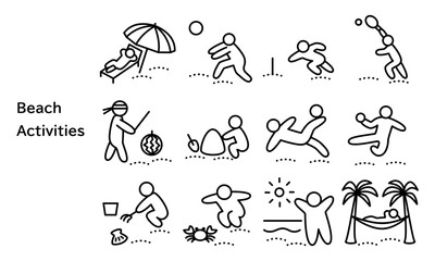 夏のビーチで遊ぶ人のシンプルアイコンセット