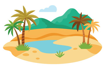 Obraz premium Scenic Desert Oasis Landscape with Palm Trees, Water, and Distant Mountains
