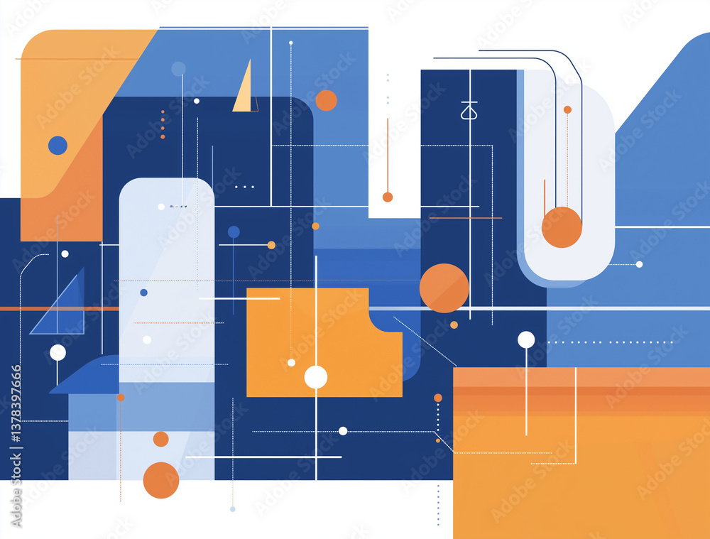 Poster technology-themed presentation background with white polygonal shapes on blue-orange gradient dynami