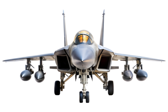 Fighter jet plane front view isolated on a transparent background