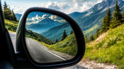 Road to Adventure: A stunning landscape unfurls in the rearview mirror, revealing a winding road that promises exciting travels and breathtaking views.