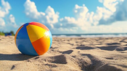 Obraz premium Beach Ball Bliss: A vibrant beach ball rests playfully on a sandy beach, kissed by a bright sunny day under a sky filled with fluffy clouds.