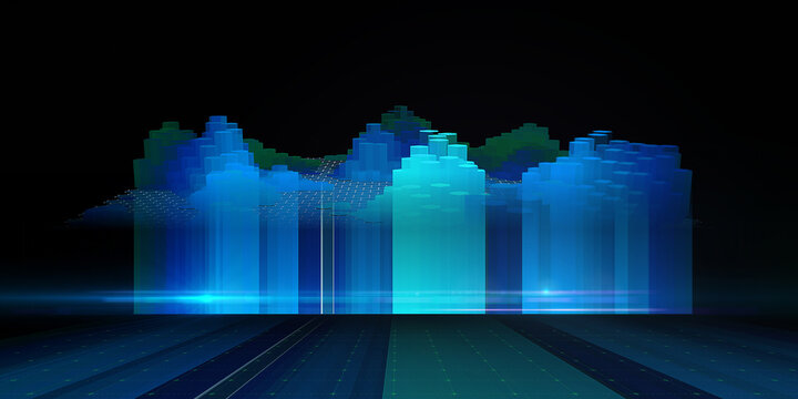 Abstract digital 3D graph. Hexagonal growth with blurred lines on black background. Graphic in futuristic poligonal style. Big data.