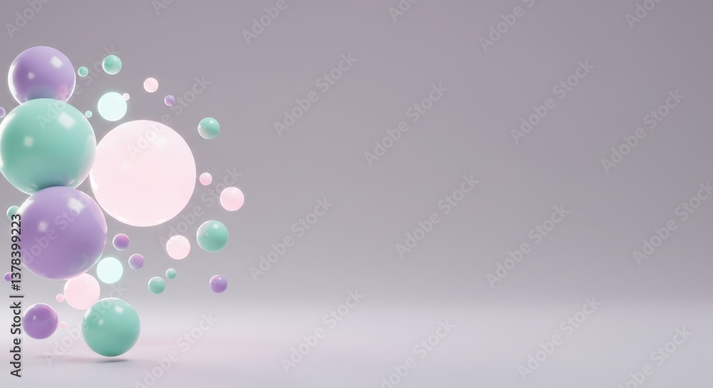 Poster pastel colored spheres floating in a minimalist 3d render abstract background