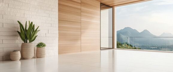 Modern interior with large windows showcasing mountain views in a serene atmosphere