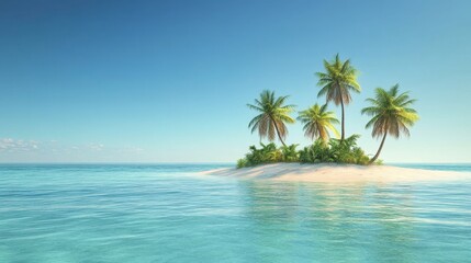 Fototapeta premium Tropical Paradise: A small island in the middle of a clear turquoise sea, with lush green palm trees swaying gently in the breeze under a brilliant blue sky, inviting to relaxation.