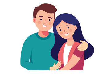 Smiling Young Couple Embracing Together on White Background in Flat Design