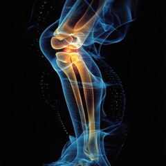 A high-tech X-ray graphic design showing a knee's bones and cartilage, highlighted in yellow. Surrounding the knee, blue lines and white waves form a circle, against a sleek black background.