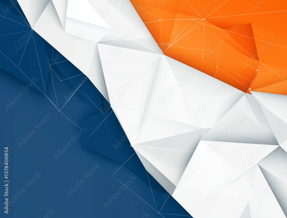 Poster technology-themed presentation background with white polygonal shapes on blue-orange gradient dynami