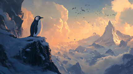 Majestic Penguin on a Snowy Mountaintop at Sunset Antarctic Landscape Painting