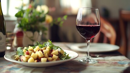 Naklejka premium Cup with homemade summer wine in foreground next to plate of chopped