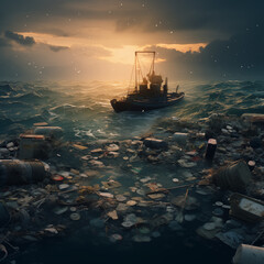 The concept of an ecological disaster of ocean pollution with plastic and garbage.