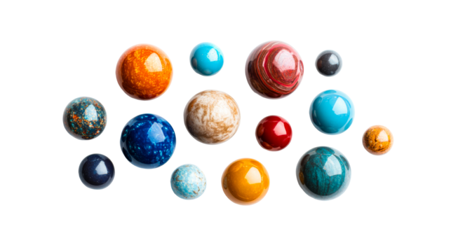 Decorative colorful orbs against black background, cut out transparent