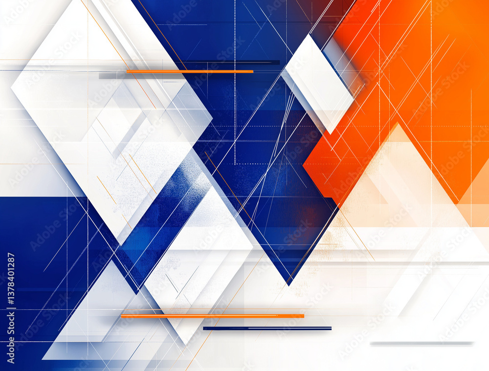 Poster technology-themed presentation background with white polygonal shapes on blue-orange gradient dynami