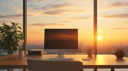Modern office desk with computer and sunrise view | modern office desk setup with sunrise through glass | modern office desk sunrise moment modern office desk