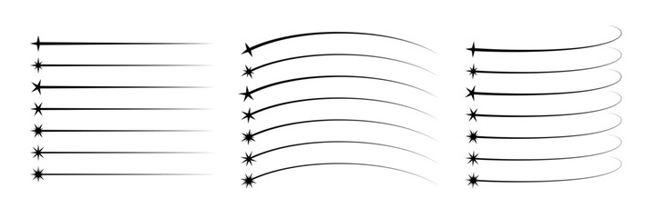 Falling star shape. Comet trail icons set. Abstract shooting star. Cosmos asteroid tail. Comet tail. Design element. Flying meteor silhouette. Vector illustration isolated on white background. © Elena Pimukova