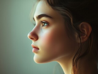 Hyperrealistic side profile of beautiful young woman – Hyperrealistic side profile beauty in soft lighting – Hyperrealistic side profile female art close-up