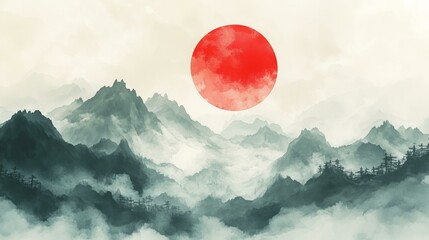 stylized watercolor mountain painting with red sun – stylized watercolor red sun and mist landscape – stylized watercolor landscape with red sun in abstract form
