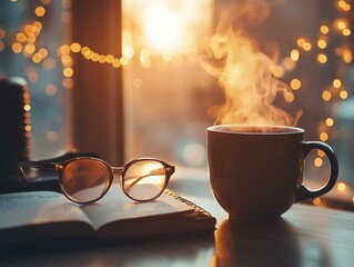 aesthetic morning coffee scene with steam and glasses – aesthetic morning coffee shot with warm light – aesthetic morning coffee cozy concept for mood images