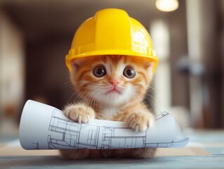 Cute kitten wearing construction helmet holding blueprint | cute kitten in builder gear with blueprint paper | cute kitten construction blueprint concept cute kitten