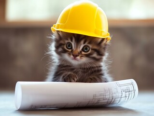 Adorable kitten in construction helmet with blueprint paper | adorable kitten construction setting playful pose | adorable kitten engineer concept adorable kitten