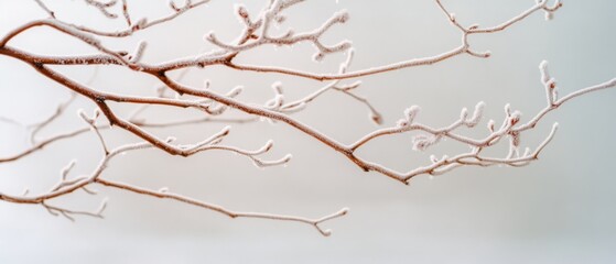 Fototapeta premium Frost-kissed branches stretch elegantly against a muted sky, embodying winter's delicate touch and quiet calm.