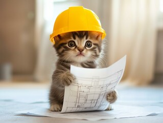 Tiny kitten wearing helmet holding blueprint document | tiny kitten reading blueprint with yellow helmet | tiny kitten blueprint engineer concept tiny kitten