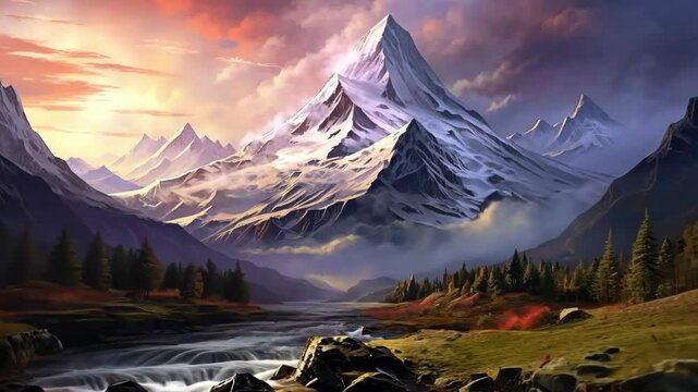 Snowy mountain peak landscape video footage. Stream flowing through mountain valley motion clip. Scenery with blue water and sky for travel or nature background