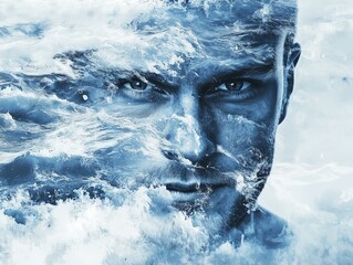 powerful double exposure wave portrait of a man – powerful double exposure wave concept in emotional strength – powerful double exposure wave portrait art in mental resilience