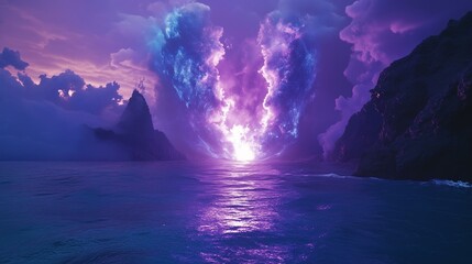 Surreal ocean portal with cosmic explosion | surreal ocean portal glowing in purple | surreal ocean portal opening with bright cosmic light