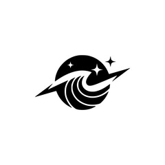 Black & White Abstract Logo: Wave, Circle, Stars, Rocket