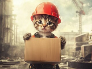 Cute kitten construction worker with box – cute kitten construction worker with box for funny construction theme – cute kitten construction worker with box and hard hat