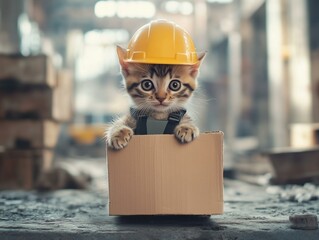 Kitten in box wearing yellow hard hat – kitten in box with safety gear – kitten in box hard hat for funny construction themed image