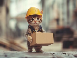 Kitten in construction outfit holding box – kitten in construction outfit with cardboard box – kitten in construction outfit for humor and commercial use
