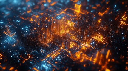 Digital circuit futuristic cityscape with glowing orange lines, futuristic cityscape digital concept, digital futuristic city glowing night scene