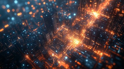 Sci-fi glowing city at night with futuristic layout, glowing city nightscape with sci-fi grid, futuristic glowing cityscape with AI smart city style