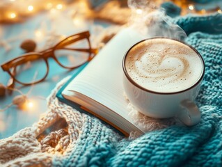 cozy coffee morning flat lay – cozy coffee moment with journal and glasses – cozy coffee winter aesthetic scene with cozy coffee lighting