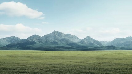 Obraz premium Vast green fields stretch endlessly under a clear blue sky, with majestic mountains rising in the background, creating a serene countryside atmosphere. The landscape evokes peace and natural beauty