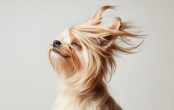 Dog with long hair is standing on a white background. The dog has a happy expression on its face