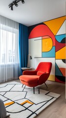 Artistic modern bedroom, colorful accents, bold furniture, empty wall for abstract mural art, creative and vibrant