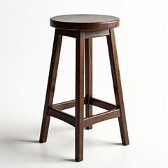 Isolated bar wood stool against a white background. Classic dark brown wooden chair furniture item. Simple design perfect for kitchen, dining, restaurant, home decor, product presentation.